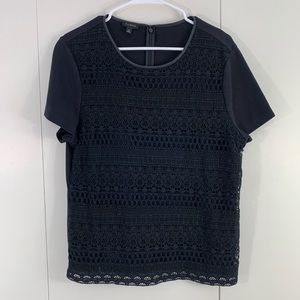 Talbots XL black lace tee faux leather collar